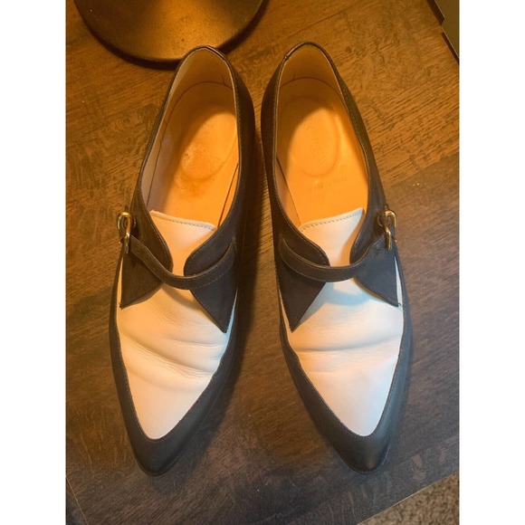 J CREW SPECTATOR BLACK/WHITE LEATHER LOAFERS; SIZE 7.5